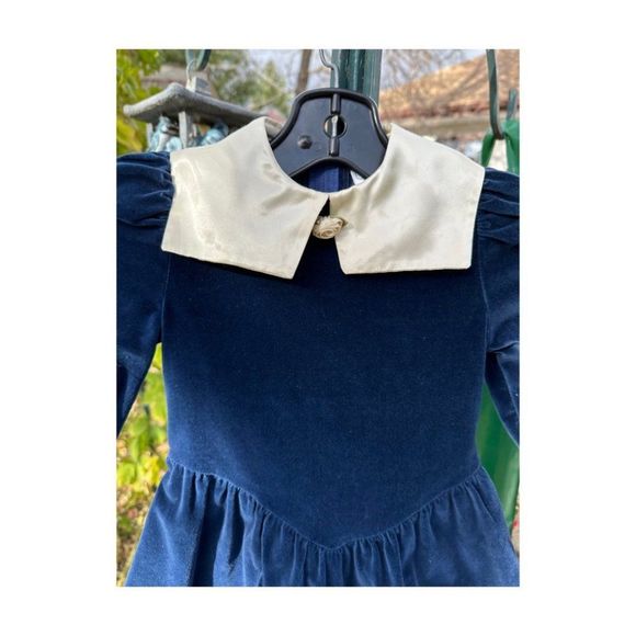 Vtg 70s Manhatten Blue Velvet Party Dress Ivory Satin Sailor Collar Princess Sz - Picture 3 of 10